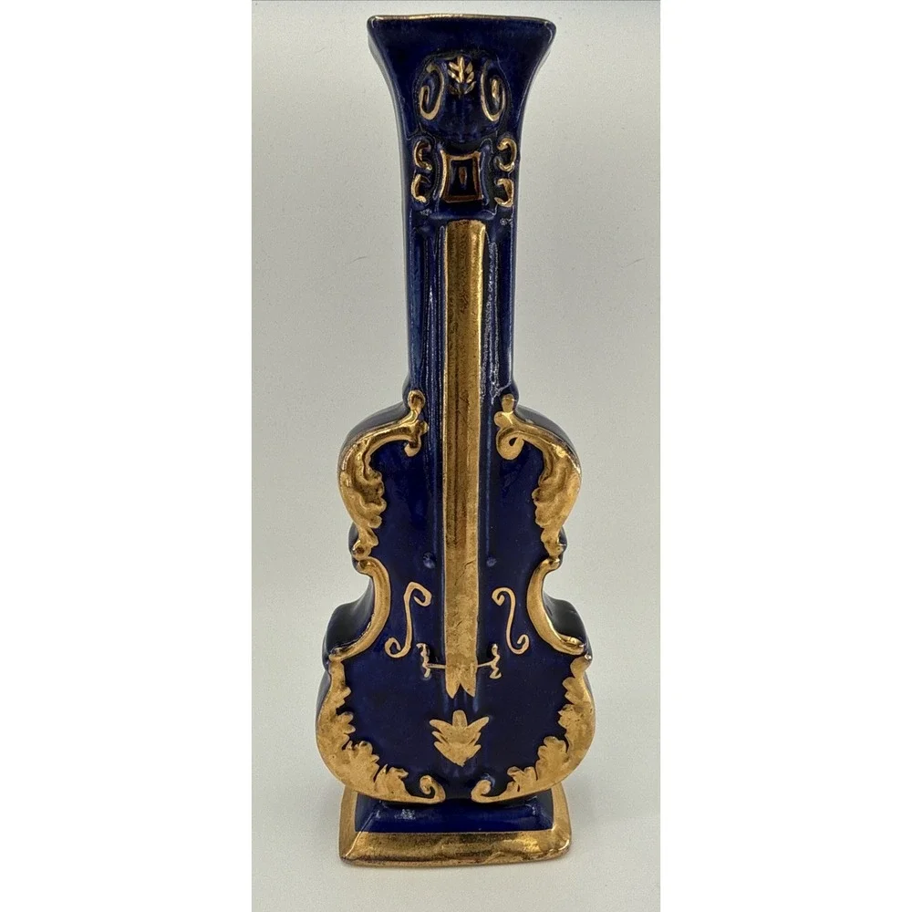 VTG 1940s Goldra E Palestine Ohio Violin Cello Wall Pocket Vase Blue Gold